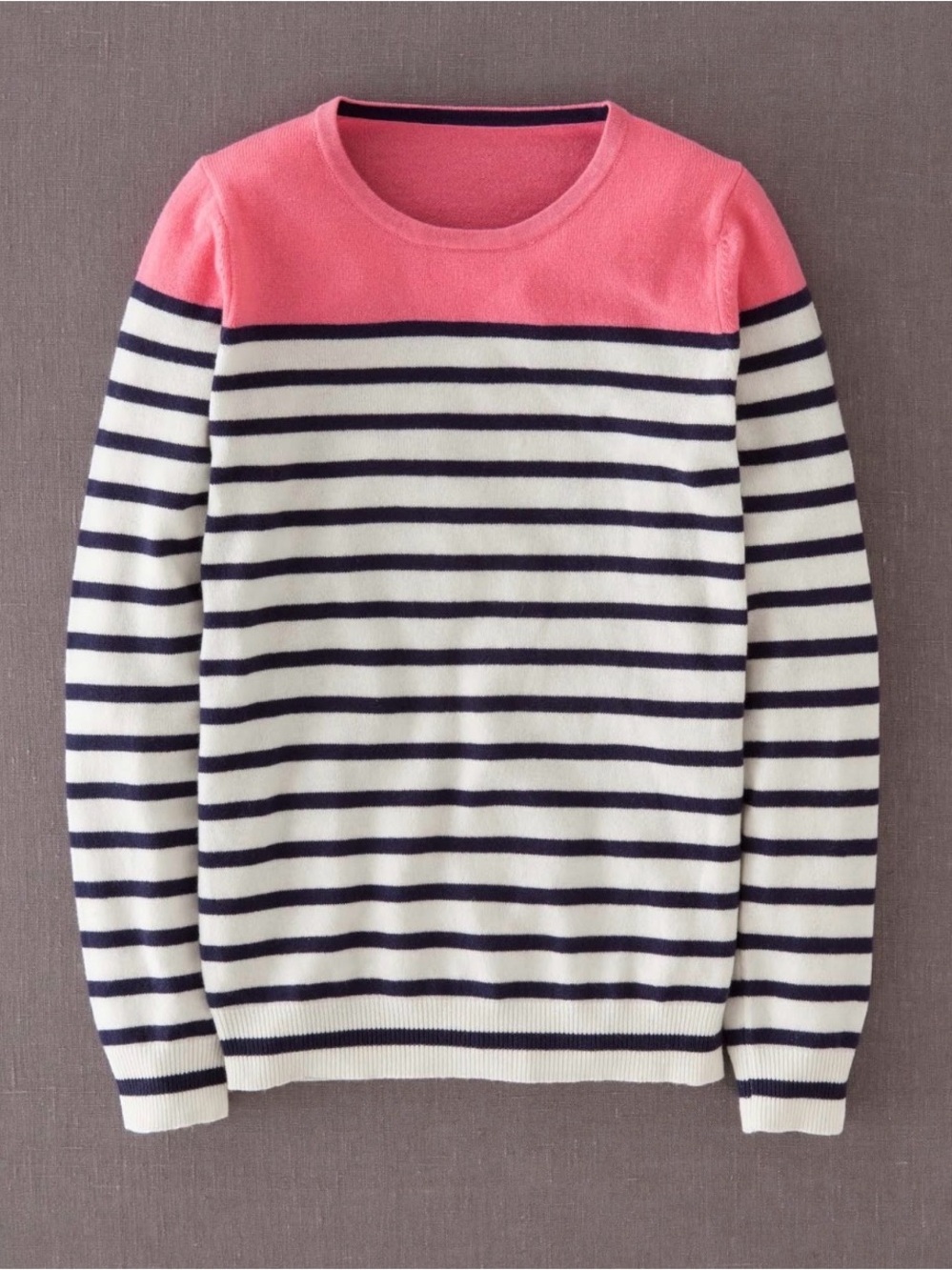 Boden Pink Yoke Navy Stripe Crewneck Sweater